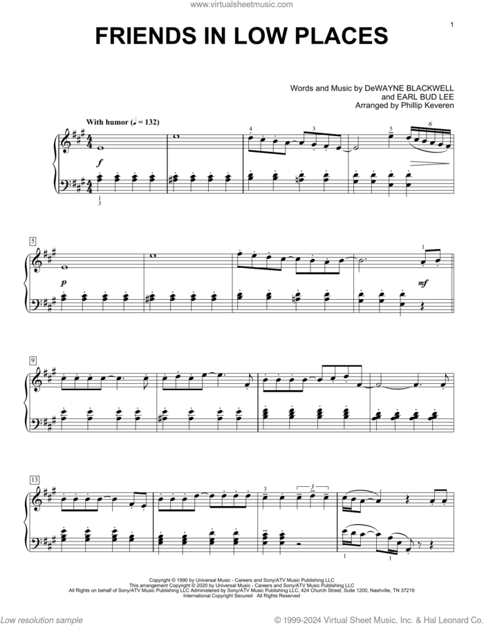 Friends In Low Places [Classical version] (arr. Phillip Keveren) sheet music for piano solo by Garth Brooks, Phillip Keveren, DeWayne Blackwell and Earl Bud Lee, intermediate skill level