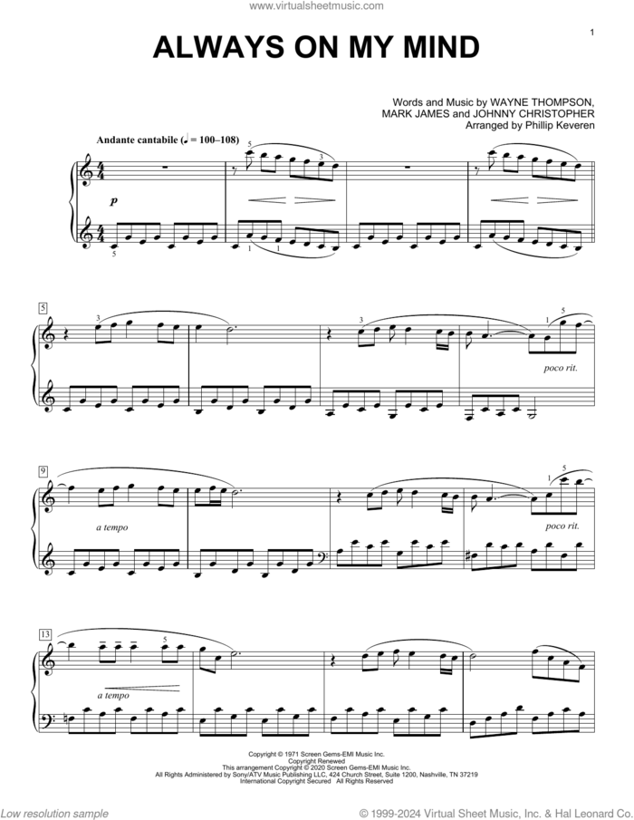 Always On My Mind [Classical version] (arr. Phillip Keveren) sheet music for piano solo by Willie Nelson, Phillip Keveren, Elvis Presley, Michael Buble, The Pet Shop Boys, Johnny Christopher, Mark James and Wayne Thompson, intermediate skill level