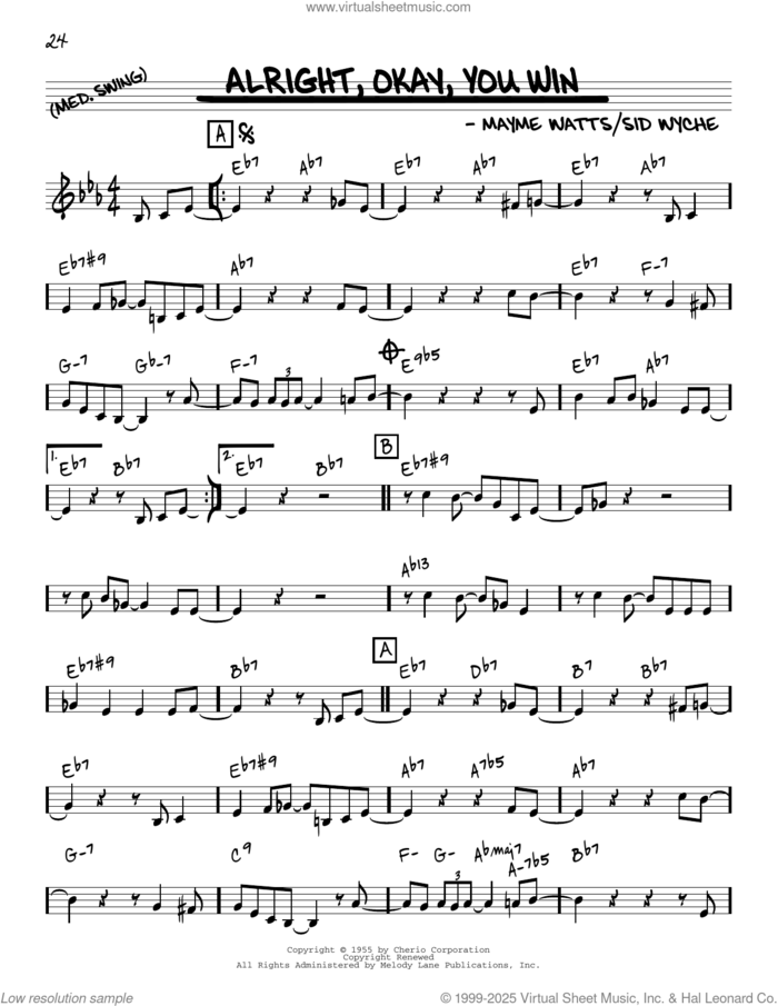 Alright, Okay, You Win [Reharmonized version] (arr. Jack Grassel) sheet music for voice and other instruments (real book) by Peggy Lee, Jack Grassel, Mayme Watts and Sid Wyche, intermediate skill level