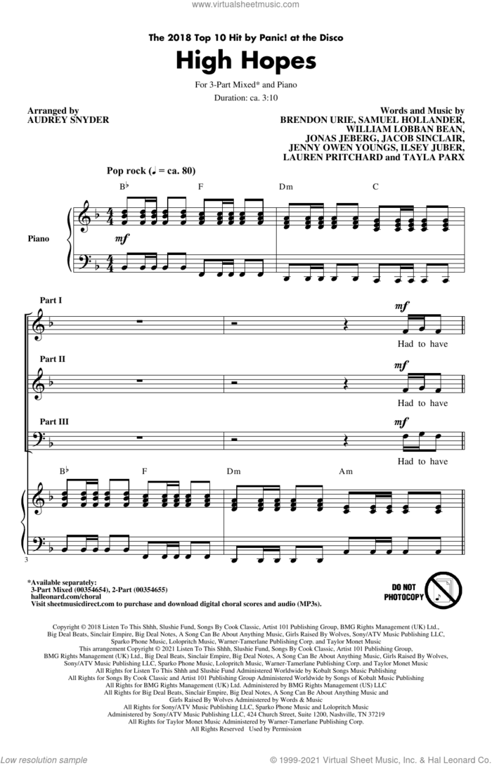High Hopes (arr. Audrey Snyder) sheet music for choir (3-Part Mixed) by Panic! At The Disco, Audrey Snyder, Brendon Urie, Ilsey Juber, Jacob Sinclair, Jenny Owen Youngs, Jonas Jeberg, Lauren Pritchard, Sam Hollander, Tayla Parx and William Lobban Bean, intermediate skill level