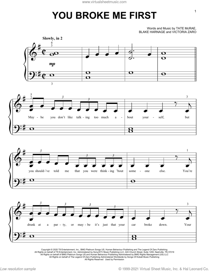 You Broke Me First sheet music for piano solo (big note book) by Tate McRae, Blake Harnage and Victoria Zaro, easy piano (big note book)