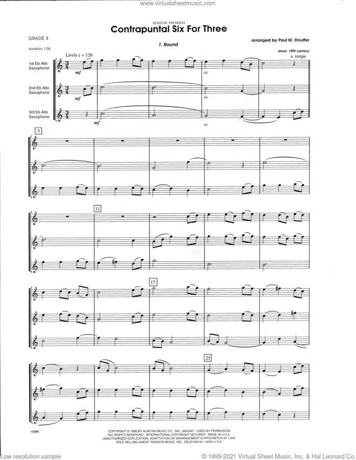 Contrapuntal Six For Three (COMPLETE) sheet music for saxophone trio by Paul M. Stouffer and Miscellaneous, classical score, intermediate skill level