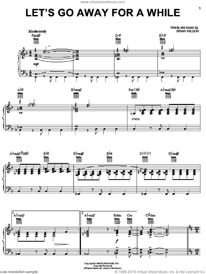 Let's Go Away For A While sheet music for voice, piano or guitar by The Beach Boys and Brian Wilson, intermediate skill level