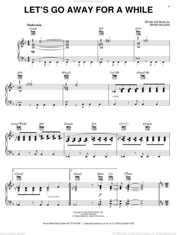Let's Go Away For A While sheet music for voice, piano or guitar by The Beach Boys and Brian Wilson, intermediate skill level