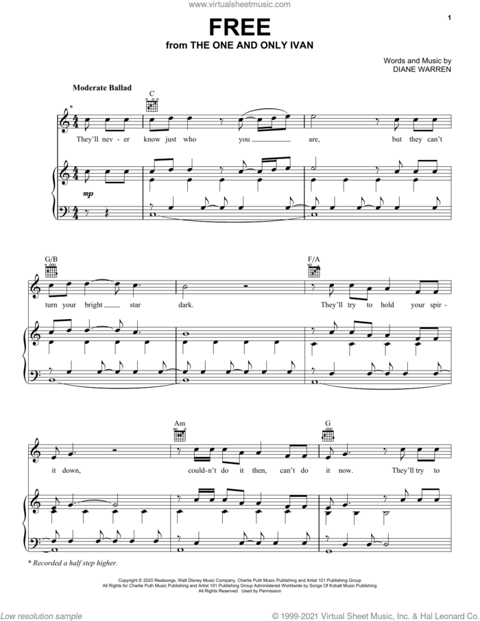 Free (from Disney's The One And Only Ivan) sheet music for voice, piano or guitar by Charlie Puth and Diane Warren, intermediate skill level