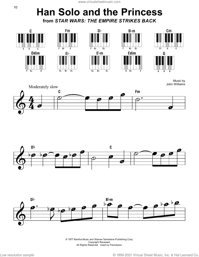 Han Solo And The Princess (from Star Wars: The Empire Strikes Back) sheet music for piano solo by John Williams, beginner skill level