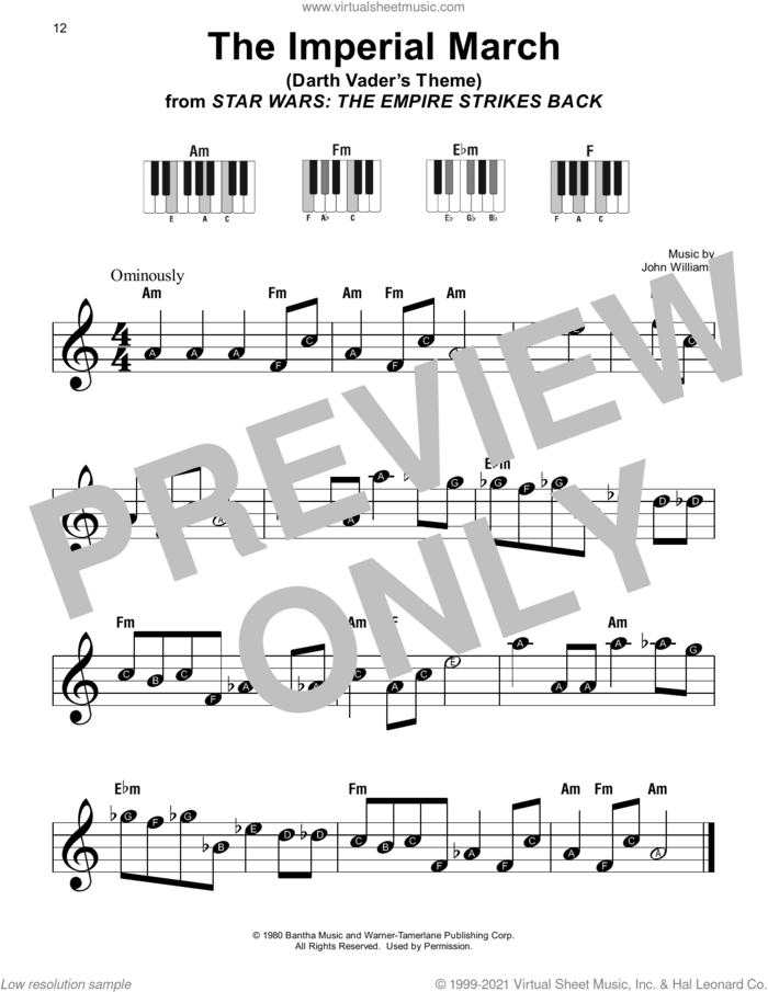 The Imperial March (from Star Wars: The Empire Strikes Back) sheet music for piano solo by John Williams, beginner skill level
