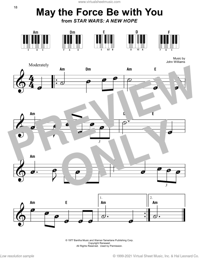 May The Force Be With You (from Star Wars: A New Hope), (beginner) sheet music for piano solo by John Williams, beginner skill level