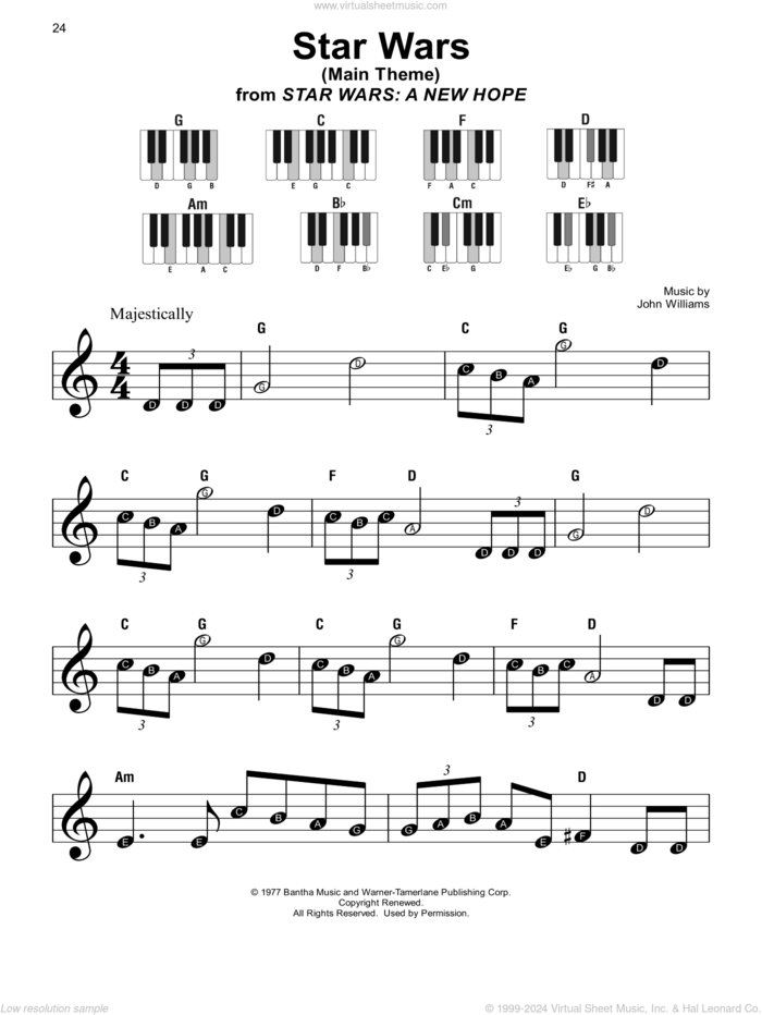 Star Wars (Main Theme) sheet music for piano solo by John Williams and Meco, beginner skill level