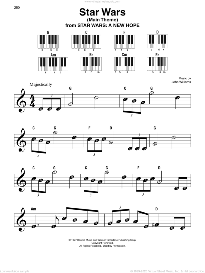 Star Wars (Main Theme) sheet music for piano solo by John Williams and Meco, beginner skill level