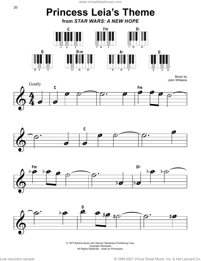 Princess Leia's Theme (from Star Wars: A New Hope) sheet music for piano solo by John Williams, beginner skill level