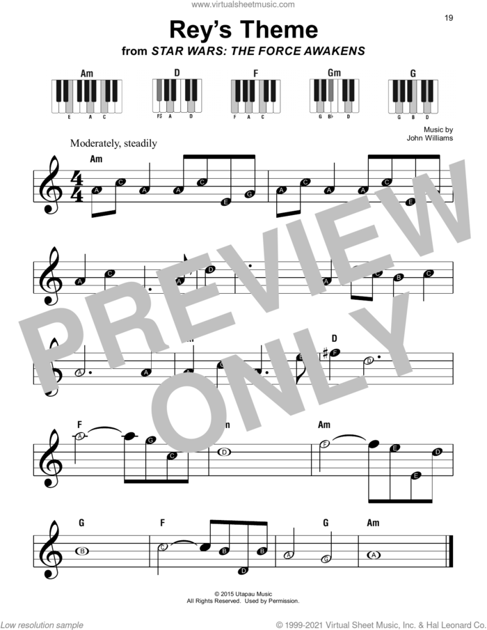 Rey's Theme (from Star Wars: The Force Awakens) sheet music for piano solo by John Williams, beginner skill level