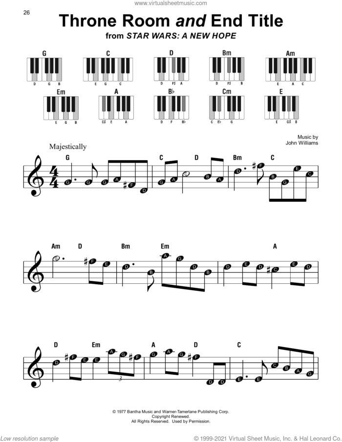 Throne Room and End Title (from Star Wars: A New Hope), (beginner) sheet music for piano solo by John Williams, beginner skill level