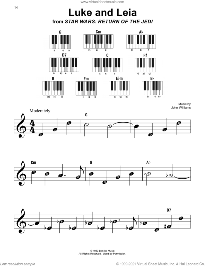 Luke And Leia (from Star Wars: Return Of The Jedi) sheet music for piano solo by John Williams, beginner skill level