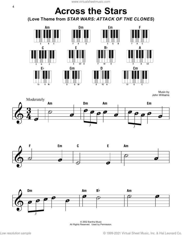 Across The Stars (Love Theme from Star Wars: Attack Of The Clones) sheet music for piano solo by John Williams, beginner skill level