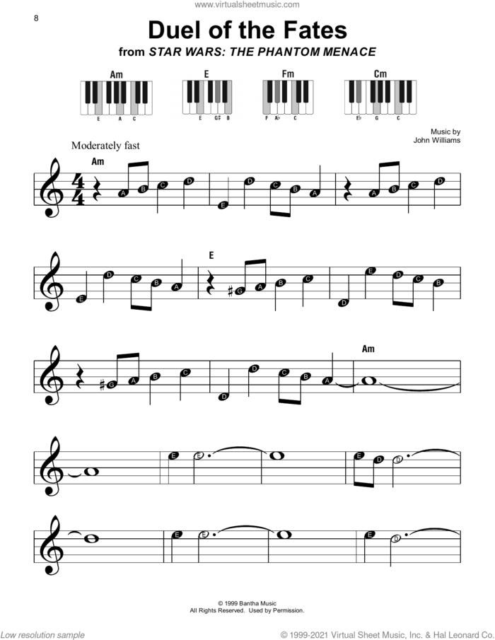 Duel Of The Fates (from Star Wars: The Phantom Menace), (beginner) (from Star Wars: The Phantom Menace) sheet music for piano solo by John Williams, beginner skill level