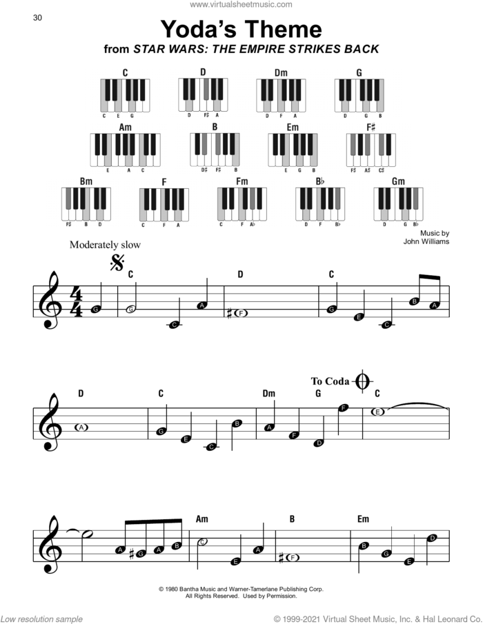 Yoda's Theme (from Star Wars: The Empire Strikes Back) sheet music for piano solo by John Williams, beginner skill level