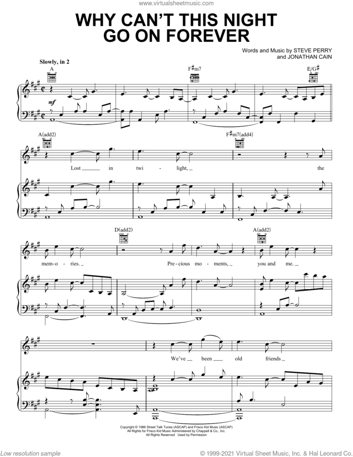 Why Can't This Night Go On Forever sheet music for voice, piano or guitar by Journey, Jonathan Cain and Steve Perry, intermediate skill level