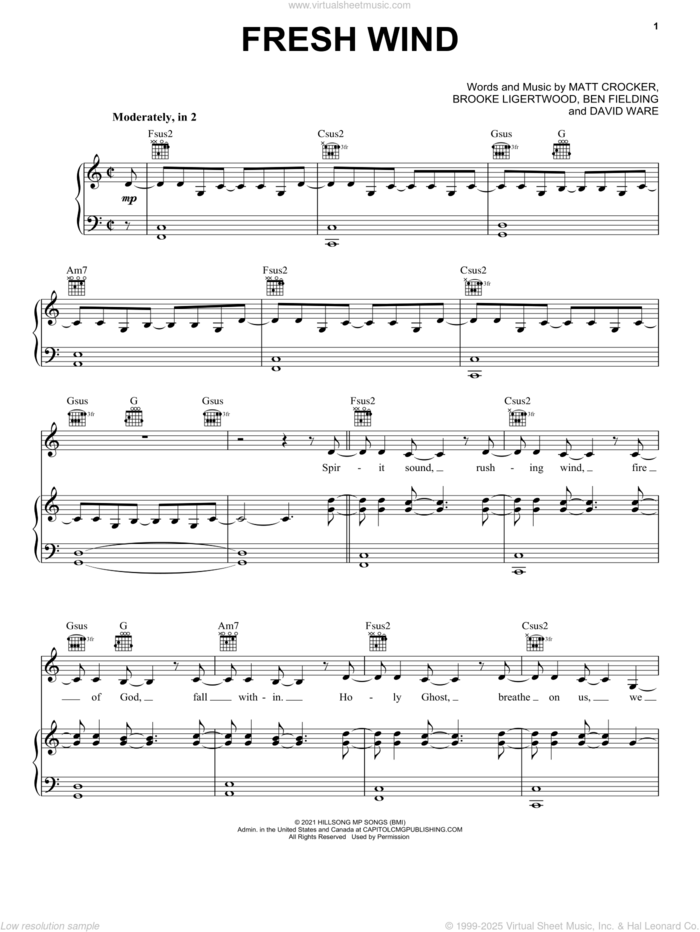 Fresh Wind sheet music for voice, piano or guitar by Hillsong Worship, Ben Fielding, Brooke Ligertwood, David Ware and Matt Crocker, intermediate skill level