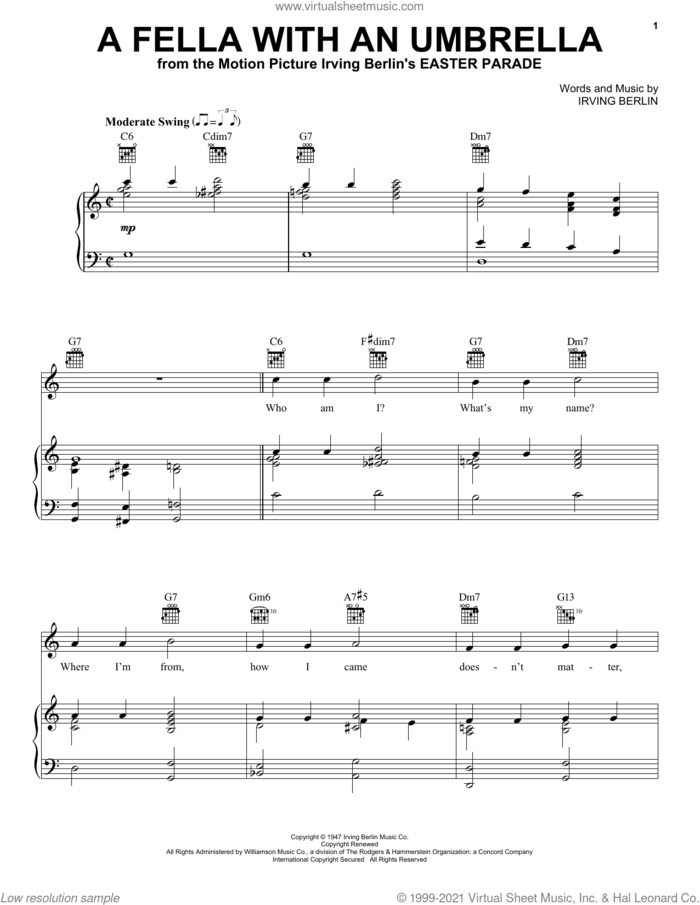 A Fella With An Umbrella (from Easter Parade) sheet music for voice, piano or guitar by Irving Berlin, intermediate skill level