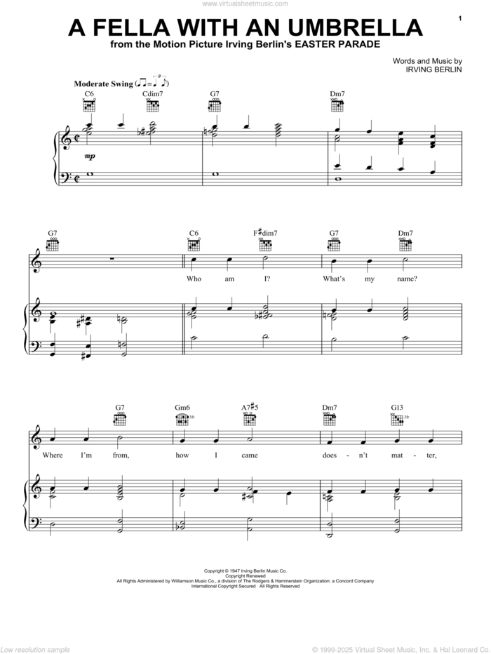 A Fella With An Umbrella (from Easter Parade) sheet music for voice, piano or guitar by Irving Berlin, intermediate skill level