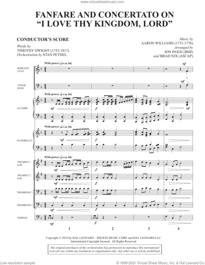 Fanfare and Concertato on 'I Love Thy Kingdom, Lord' (arr. Jon Paige and Brad Nix) sheet music for orchestra/band (full score) by Timothy Dwight, Brad Nix and Jon Paige, intermediate skill level