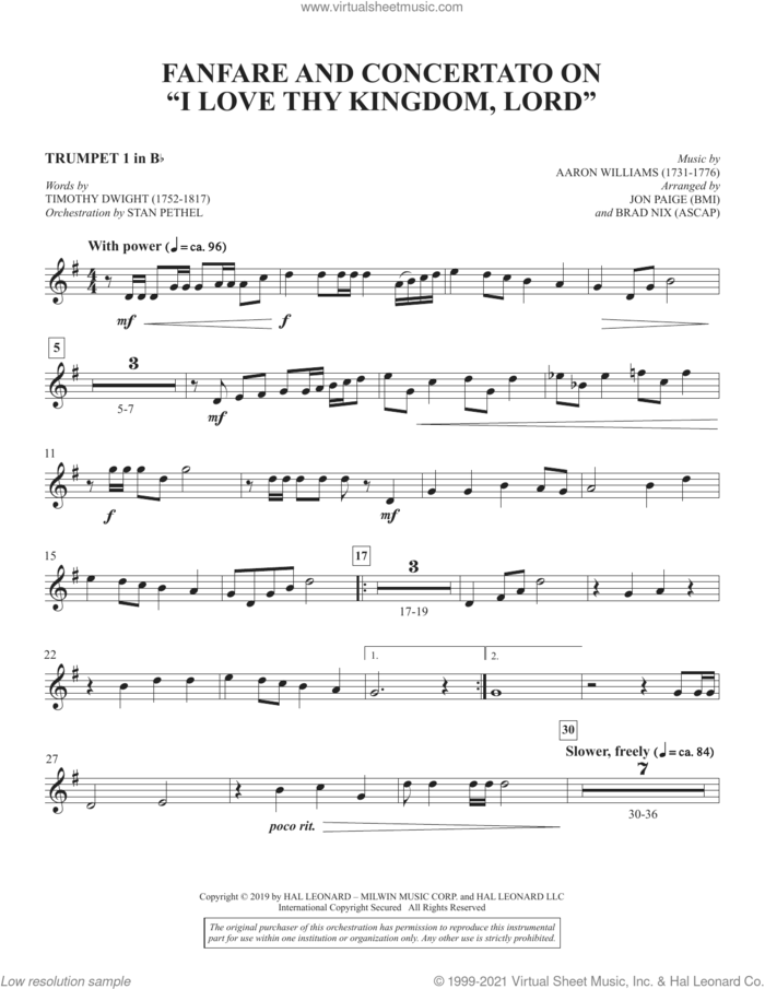 Fanfare and Concertato on 'I Love Thy Kingdom, Lord' (arr. Jon Paige and Brad Nix) sheet music for orchestra/band (Bb trumpet 1) by Timothy Dwight, Brad Nix and Jon Paige, intermediate skill level