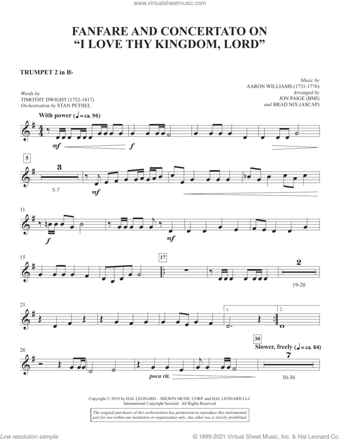 Fanfare and Concertato on 'I Love Thy Kingdom, Lord' (arr. Jon Paige and Brad Nix) sheet music for orchestra/band (Bb trumpet 2) by Timothy Dwight, Brad Nix and Jon Paige, intermediate skill level