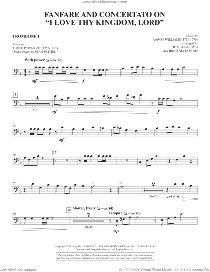 Fanfare and Concertato on 'I Love Thy Kingdom, Lord' (arr. Jon Paige and Brad Nix) sheet music for orchestra/band (trombone 1) by Timothy Dwight, Brad Nix and Jon Paige, intermediate skill level