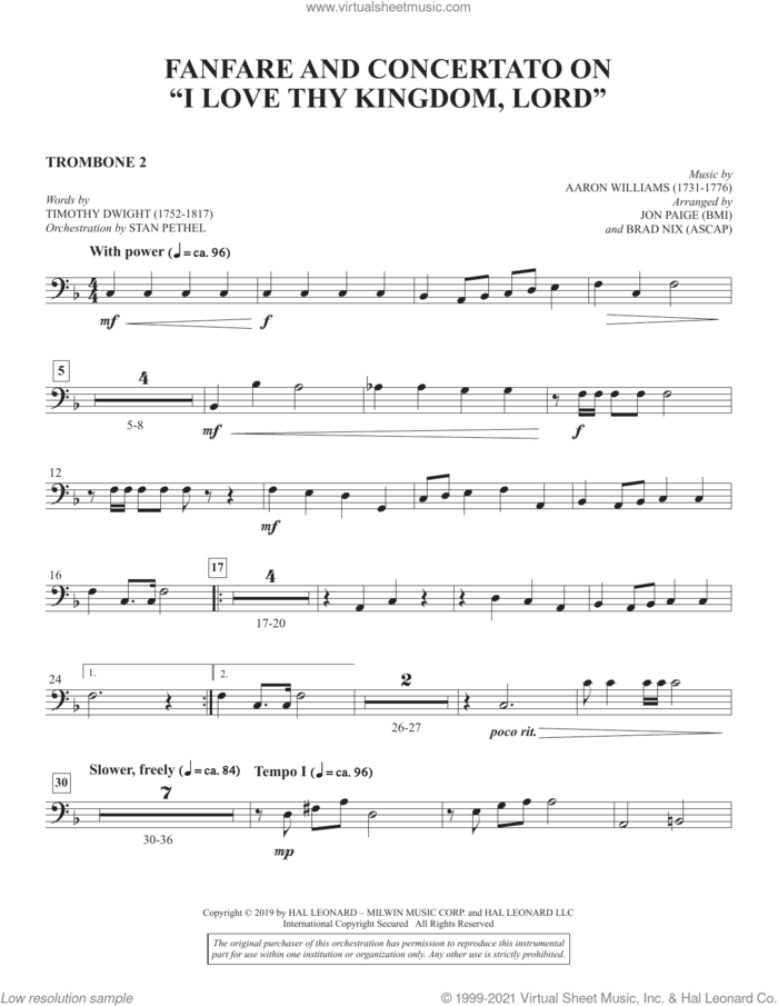 Fanfare and Concertato on 'I Love Thy Kingdom, Lord' (arr. Jon Paige and Brad Nix) sheet music for orchestra/band (trombone 2) by Timothy Dwight, Brad Nix and Jon Paige, intermediate skill level