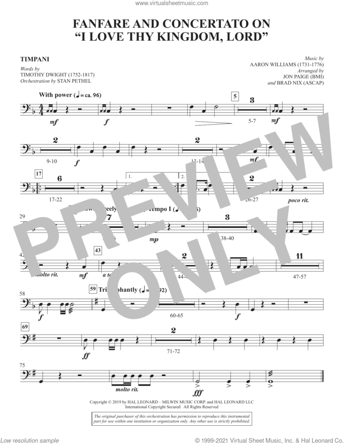 Fanfare and Concertato on 'I Love Thy Kingdom, Lord' (arr. Jon Paige and Brad Nix) sheet music for orchestra/band (timpani) by Timothy Dwight, Brad Nix and Jon Paige, intermediate skill level