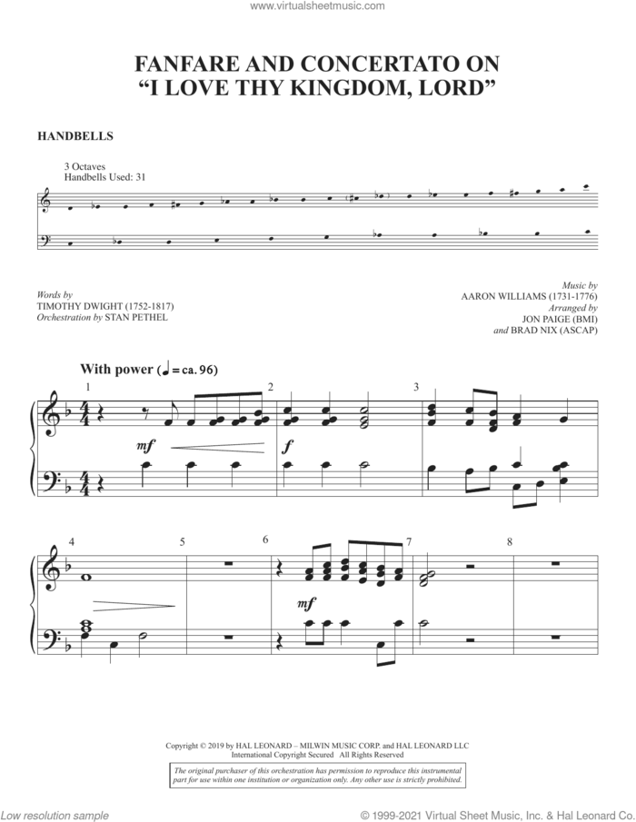 Fanfare and Concertato on 'I Love Thy Kingdom, Lord' (arr. Jon Paige and Brad Nix) sheet music for orchestra/band (handbells) by Timothy Dwight, Brad Nix and Jon Paige, intermediate skill level