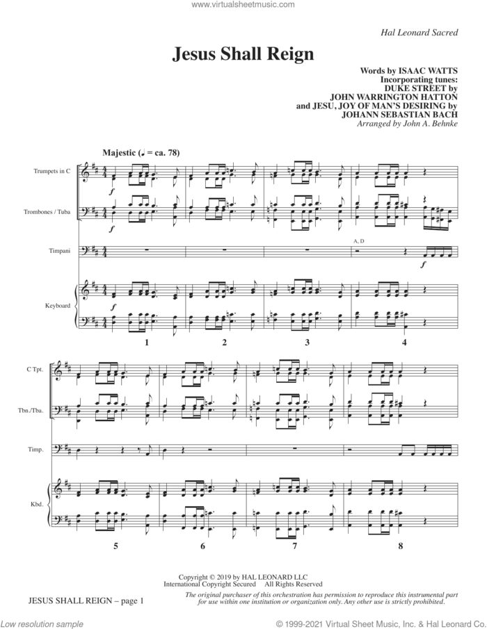 Jesus Shall Reign (arr. John A. Behnke) (COMPLETE) sheet music for orchestra/band by Johann Sebastian Bach, Isaac Watts, John A. Behnke and John Hatton, intermediate skill level