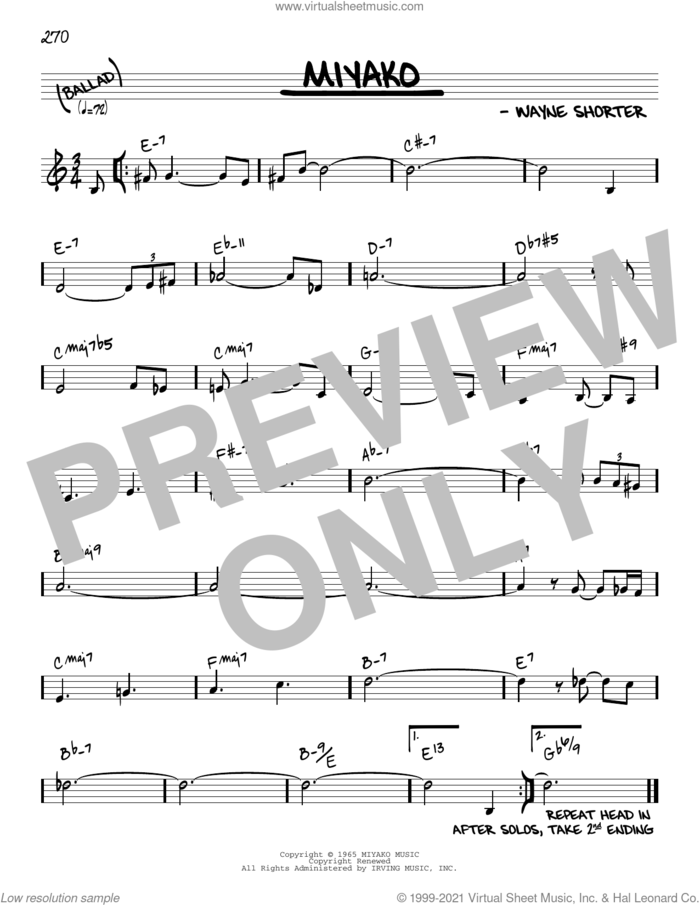 Miyako [Reharmonized version] (arr. Jack Grassel) sheet music for voice and other instruments (real book) by Wayne Shorter and Jack Grassel, intermediate skill level