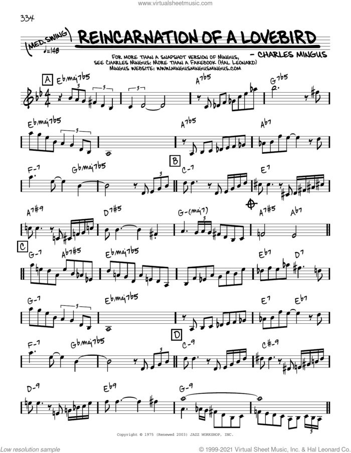 Reincarnation Of A Lovebird [Reharmonized version] (arr. Jack Grassel) sheet music for voice and other instruments (real book) by Charles Mingus and Jack Grassel, intermediate skill level
