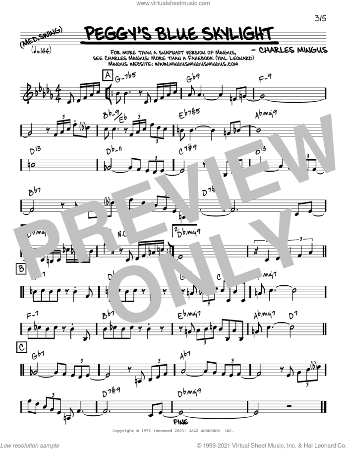Peggy's Blue Skylight [Reharmonized version] (arr. Jack Grassel) sheet music for voice and other instruments (real book) by Charles Mingus and Jack Grassel, intermediate skill level