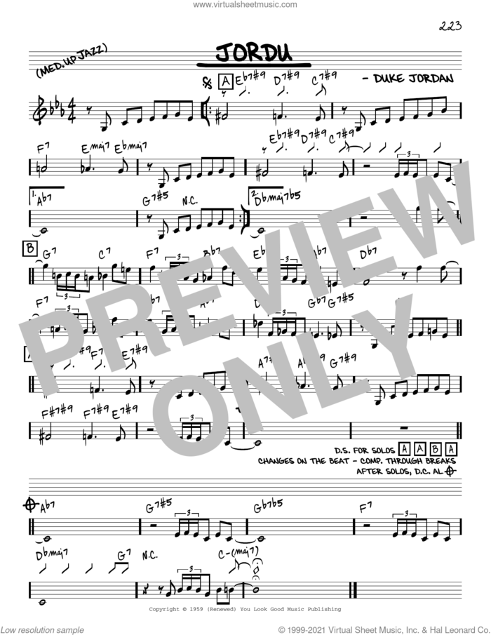 Jordu [Reharmonized version] (arr. Jack Grassel) sheet music for voice and other instruments (real book) by Duke Jordan and Jack Grassel, intermediate skill level