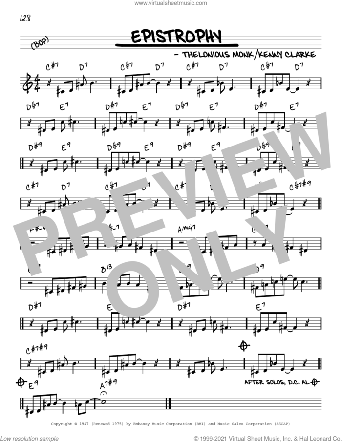 Epistrophy [Reharmonized version] (arr. Jack Grassel) sheet music for voice and other instruments (real book) by Thelonious Monk, Jack Grassel and Kenny Clarke, intermediate skill level