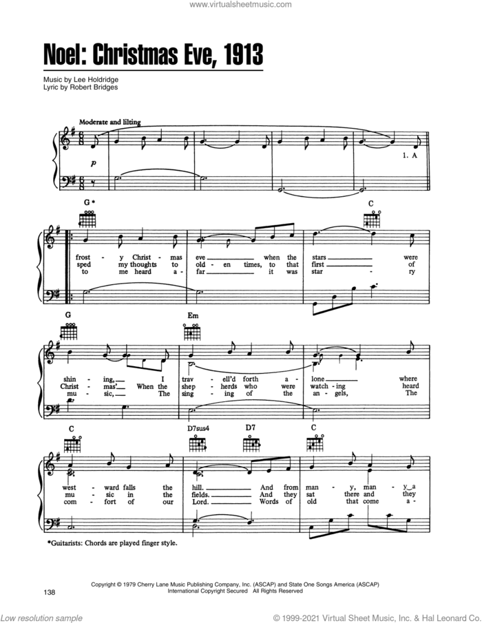 Noel: Christmas Eve, 1913 (from A Christmas Together) sheet music for voice, piano or guitar by John Denver and The Muppets, Lee Elwood Holdridge and Robert Bridges, intermediate skill level