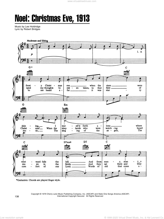 Noel: Christmas Eve, 1913 (from A Christmas Together) sheet music for voice, piano or guitar by John Denver and The Muppets, Lee Elwood Holdridge and Robert Bridges, intermediate skill level