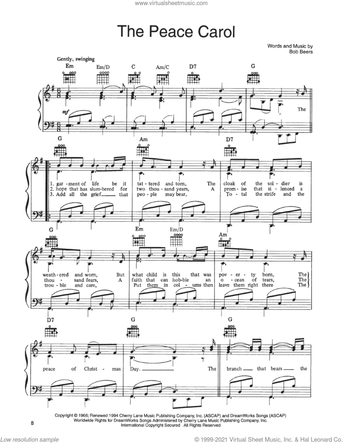 The Peace Carol (from A Christmas Together) sheet music for voice, piano or guitar by John Denver and The Muppets and Bob Beers, intermediate skill level