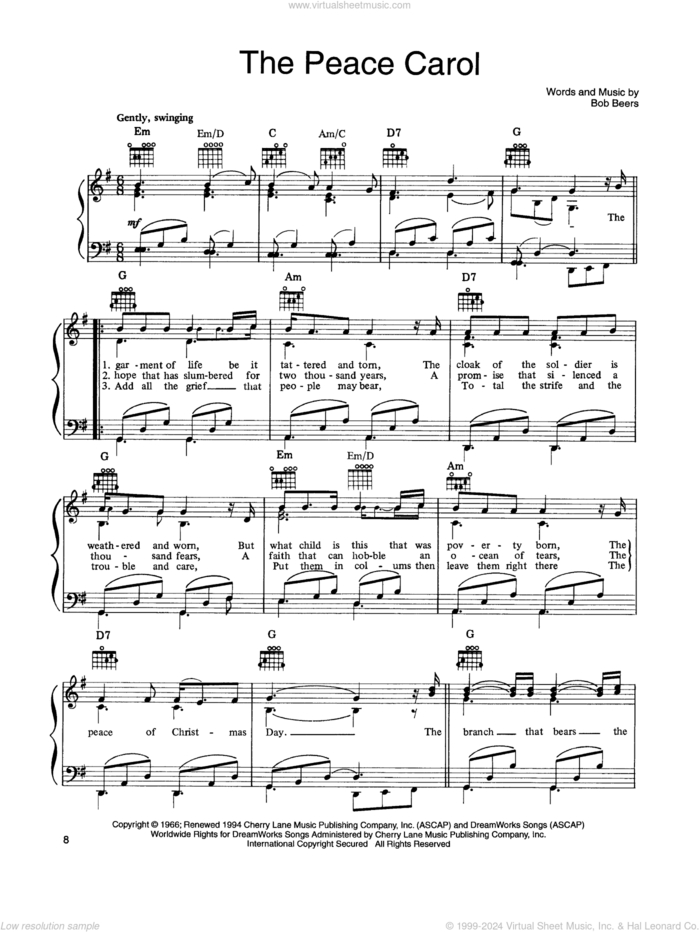The Peace Carol (from A Christmas Together) sheet music for voice, piano or guitar by John Denver and The Muppets and Bob Beers, intermediate skill level