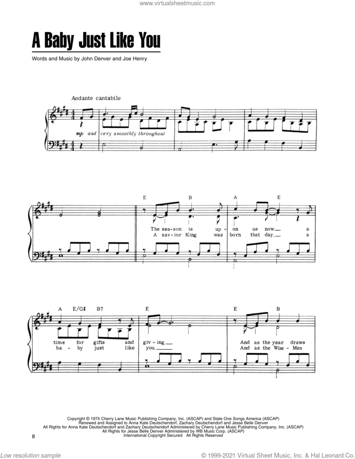 A Baby Just Like You (from A Christmas Together) sheet music for voice, piano or guitar by John Denver and The Muppets and Joe Henry, intermediate skill level