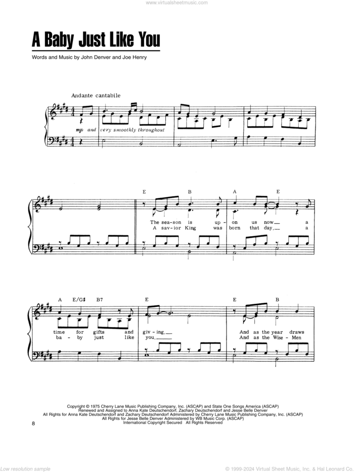 A Baby Just Like You (from A Christmas Together) sheet music for voice, piano or guitar by John Denver and The Muppets and Joe Henry, intermediate skill level
