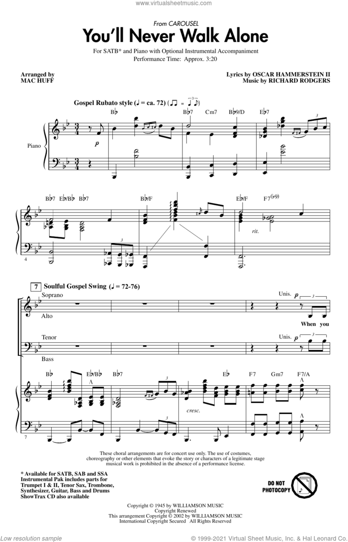 You'll Never Walk Alone (from Carousel) (arr. Mac Huff) sheet music for choir (SATB: soprano, alto, tenor, bass) by Rodgers & Hammerstein, Mac Huff, Oscar II Hammerstein and Richard Rodgers, intermediate skill level
