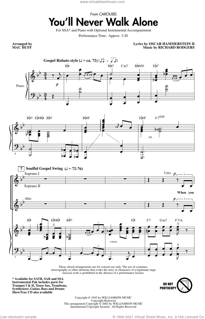 You'll Never Walk Alone (from Carousel) (arr. Mac Huff) sheet music for choir (SSA: soprano, alto) by Rodgers & Hammerstein, Mac Huff, Oscar II Hammerstein and Richard Rodgers, intermediate skill level