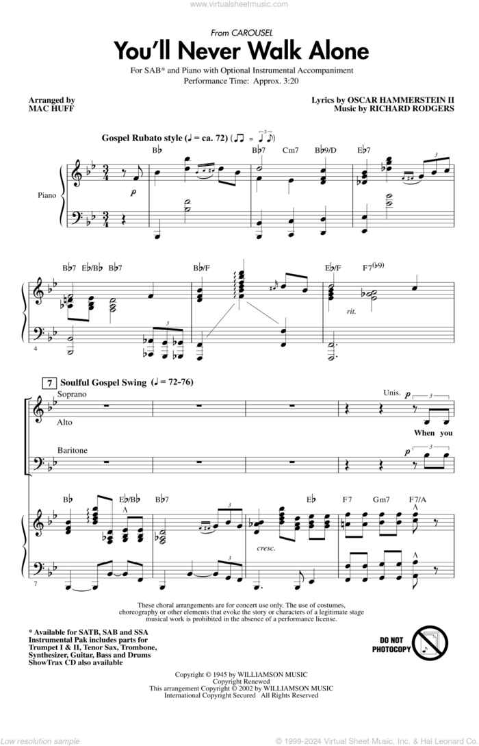 You'll Never Walk Alone (from Carousel) (arr. Mac Huff) sheet music for choir (SAB: soprano, alto, bass) by Rodgers & Hammerstein, Mac Huff, Oscar II Hammerstein and Richard Rodgers, intermediate skill level