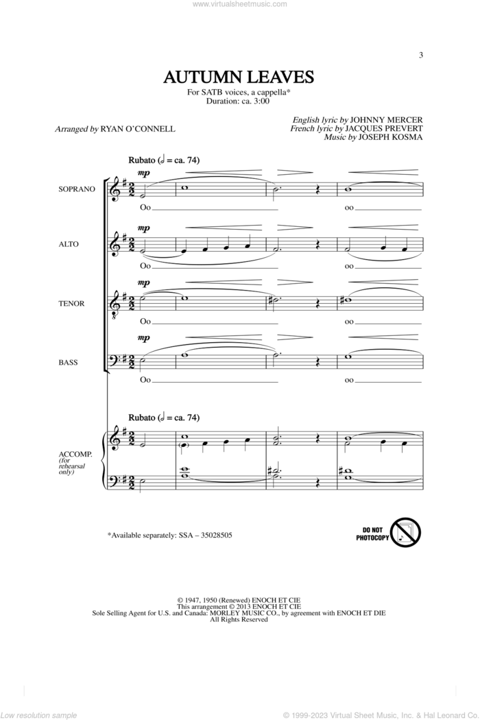 Autumn Leaves (arr. Ryan O'Connell) sheet music for choir (SATB: soprano, alto, tenor, bass) by Joseph Kosma and Johnny Mercer, intermediate skill level