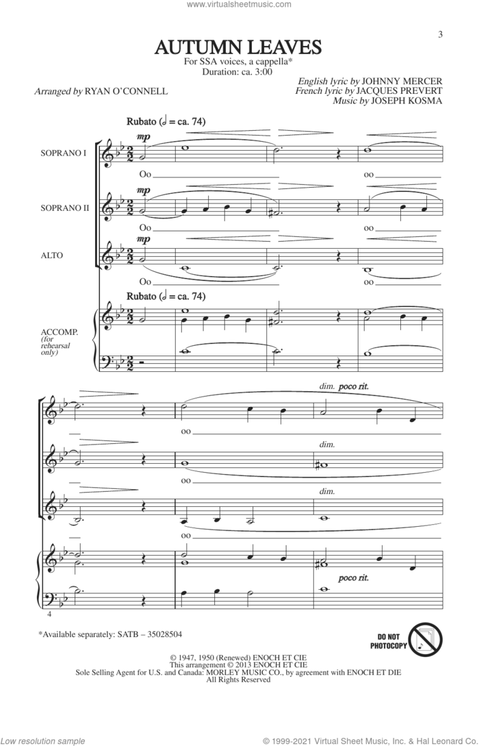 Autumn Leaves (arr. Ryan O'Connell) sheet music for choir (SSA: soprano, alto) by Joseph Kosma and Johnny Mercer, intermediate skill level