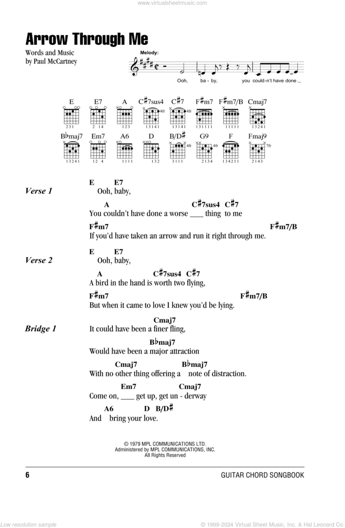 Arrow Through Me sheet music for guitar (chords) by Wings and Paul McCartney, intermediate skill level